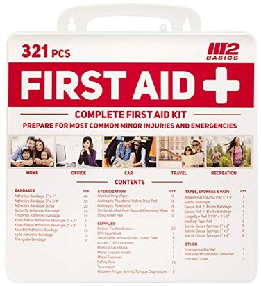 M2 BASICS Complete 321 Piece First Aid Kit   First Aid Kit for Home, Businesses, Vehicle Car   Emergency Kit, Emergency Medical Kit