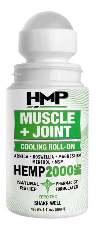 HMP Muscle+Joint Cooling Roll On 2000MG Natural Relief Formula w Menthol Magnesium Arnica Frankincense Hemp for Muscle Back Knee Shoulder Hip Foot Elbow Maximum Joint Support Made in USA 50ml