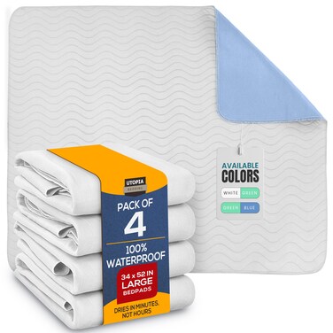Utopia Bedding Washable Underpads 34" x 52" - Incontinence Bed Pads (Pack of 4) for Adults, Elderly, Kids, and Pets - Heavy Absorbency Waterproof Bed Pads for Sofa and Couch (White Blue)