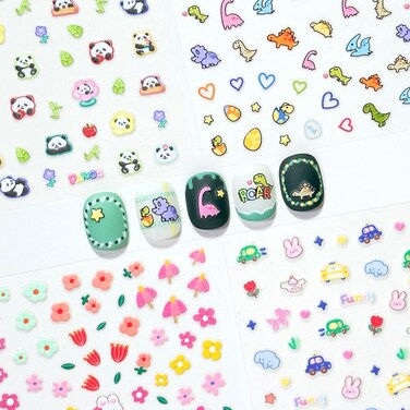 4 Sheets of 3D Nail Stickers - 292 Cute Nail Stickers - Embossed Nail Stickers for Kids   Kawaii Nail Stickers - Flowers, Hearts, Bunny, Panda, Dinosaurs   Glow in The Dark Kids Nail Stickers