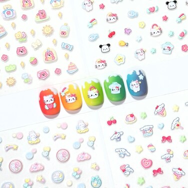 4 Sheets of 3D Nail Stickers - 274 Cute Nail Stickers - Embossed Nail Stickers for Kids   Kawaii Nail Stickers - Stars, Hearts, Bunny, Pink Bear, Puppy, Cats   Glow in The Dark Kids Nail Stickers