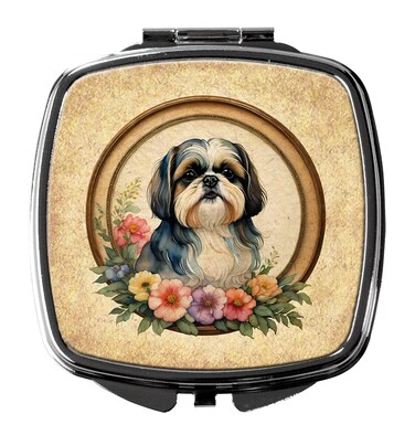 Caroline's Treasures Shih Tzu and Flowers Compact Mirror Decorative Travel Makeup Mirror for Women Girls Gifts Pocket Makeup Mirror Folding Handheld