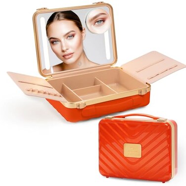 Makeup case with Light up Mirror Rechargeable with smart storage, Three light mode Mirror (Acrylonitrile Butadiene Styrene, Orange)