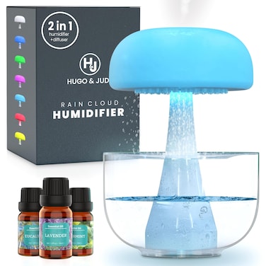Hugo &amp; Jude Rain Cloud Air Humidifier with Essential Oils, Diffusers and Humidifiers for Bedroom with Adjustable Mist, Light and Simulated Raindrops