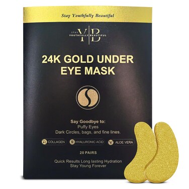 24K Gold Under Eye Masks (Hyaluronic Acid, Aloe Vera, Collagen All In One In Each Mask) For Puffy Eyes, Dark Circles, Fine Lines (20 Pairs)