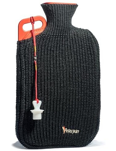 Peterpan Rubber Hot Water Bottle with Knitted Cover, Extra Large &amp; Thick for Pain Relief, 90 Fl Oz Capacity,BPA &amp; Phthalates Free, Handle &amp; 2nd Gen Lanyard Cap, Safe &amp; Comfortable Heat Therapy, Black
