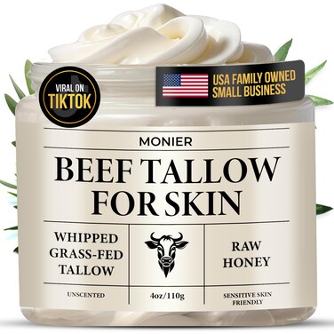MONIER Whipped Beef Tallow for Skin, Tallow and Honey Balm for Face, Moisturizer with 100% Organic Grass-Fed Beef Tallow &amp; Raw Wild Honey - Natural Formula for Dry &amp; Sensitive Skin (Unscented)