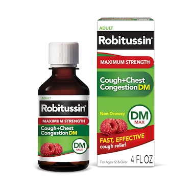 Robitussin Adult Maximum Strength Cough + Chest Congestion DM Max (4 fl. oz. Bottle), Cough Suppressant &amp; Expectorant, Raspberry Flavor