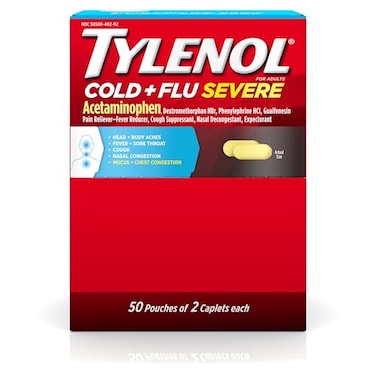 Tylenol Cold + Flu Severe Medicine Caplets for Cold &amp; Flu Symptom Relief, Fever Reducer, Pain Reliever, Cough Suppressant, Nasal Decongestant &amp; Expectorant, 50 Pouches of 2 ct.