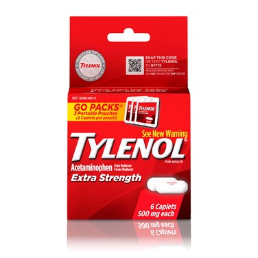 Tylenol Extra Strength 500 mg Acetaminophen Caplets, Pain Reliever &amp; Fever Reducer, Acetaminophen for Minor Arthritis Pain, Headache, Backache &amp; Menstrual Pain Relief, Travel Size, 6 Ct