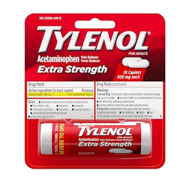 Tylenol Extra Strength 500 mg Acetaminophen Caplets, Pain Reliever &amp; Fever Reducer, Acetaminophen for Minor Arthritis Pain, Headache, Backache &amp; Toothache, Travel Size, 10 ct
