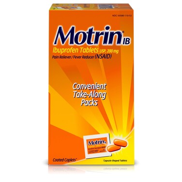 Motrin IB, Ibuprofen 200mg Tablets, NSAID Pain &amp; Fever Reliever for Headache, Backache, Muscular Aches, Arthritis Pain Reliever, 50 Travel Packets of 2, 100 ct