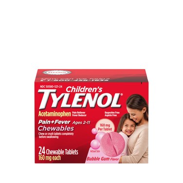 Tylenol Children's Chewables with 160 mg Acetaminophen, Pain Reliever &amp; Fever Reducer for Kids' Cold + Flu Symptoms, Headache, Sore Throat &amp; Toothache, Aspirin-Free, Bubble Gum, 24 ct