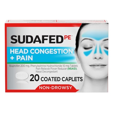 Sudafed PE Non-Drowsy Head Congestion + Pain Relief Caplets with Ibuprofen 200 mg &amp; Phenylephrine HCl 10 mg, Nasal Decongestant &amp; NSAID Pain Reliever &amp; Fever Reducer, 20 ct