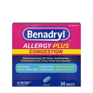 Benadryl Allergy Plus Congestion Ultratabs with Diphenhydramine HCl Antihistamine &amp; Phenylephrine HCl Nasal Decongestant, Allergy &amp; Sinus Congestion Relief Tablets, 24 ct