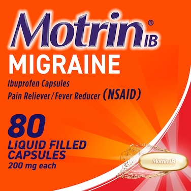 Motrin IB Migraine Liquid Gel Caps, Ibuprofen 200 mg, Migraine Relief Medicine, 80 Ct