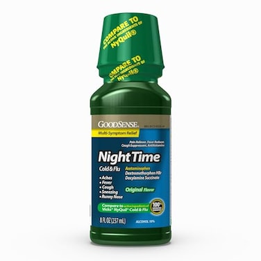 GoodSense Nighttime Cold &amp; Flu Relief, Pain Reliever, Fever Reducer, Cough Suppressant &amp; Antihistamine, 8 Fluid Ounces Green