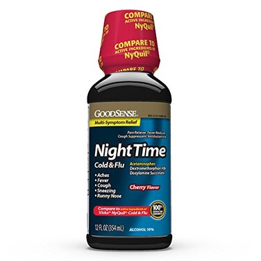 GoodSense Nighttime Cold and Flu Liquid Medicine, 6 Hour Relief of Fever, Sore Throat, Sneezing, Runny Nose, Cough and Aches, Cherry Flavor, 12 Fl Oz