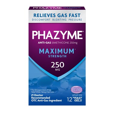 Phazyme Maximum Strength Gas and Bloating Relief, 250 mg Simethicone, 12 Fast Gels