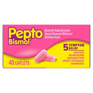 Pepto Bismol Caplets for Nausea, Heartburn, Indigestion, Upset Stomach, and Diarrhea, 5 Symptom Fast Relief in a Convenient Form, 40 ct