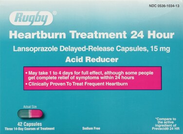 Rugby Lansoprazole Delayed Release USP 15 Mg - Acid Reducer - 24 Hour - Treats Frequent Heartburn - Three 14-Day Courses of Treatment - 42 Capsules