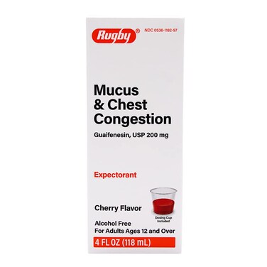 Rugby Mucus &amp; Chest Congestion Guaifenesin 200 mg Expectorant Cherry Flavored Cough Syrup - 4 Fl Oz