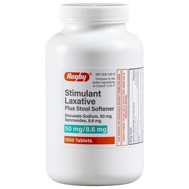Rugby Stimulant Laxative Plus Stool Softener - Docusate Sodium, 50 mg - Sennosides, 8.6 mg - 1000 Tablets