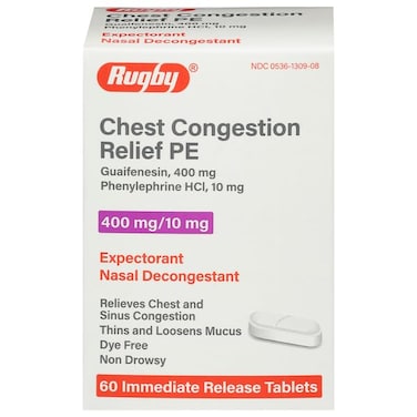 Rugby Chest Congestion Relief PE Guaifenesin 400 Mg/Phenylephrine HCl 10 Mg - Expectorant Nasal Decongestant - Relieves Chest and Sinus Congestion - 60 Immediate Release Tablets