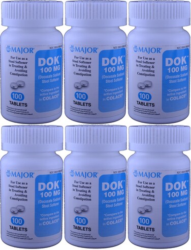 Docucate Sodium 100 mg Crushable Tablets for Gentle, Reliable Relief from Occasional Constipation Generic for Colace Crushable 100 Tablets per Bottle Pack of 6 Bottles Total 600 Tablets