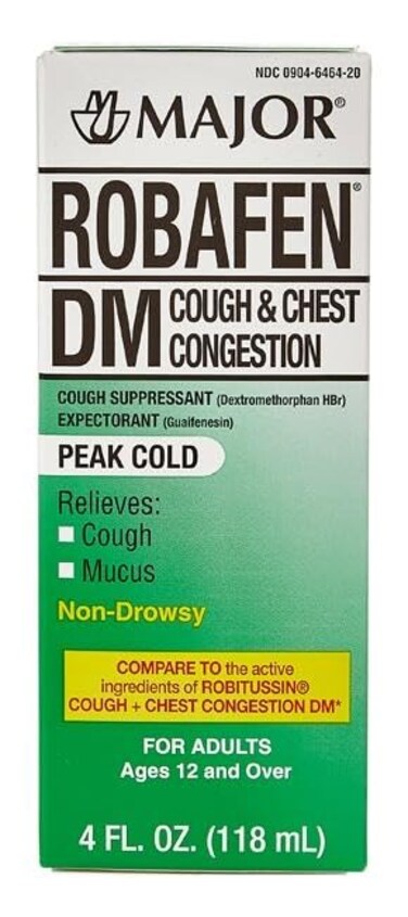 Major Robafen DM Cough &amp; Chest Congestion Cough Suppressant &amp; Expectorant Dextromethorphan 20 mg/Guaifenesin 200 mg Raspberry Flavor Cough Syrup - 4 Fl Oz