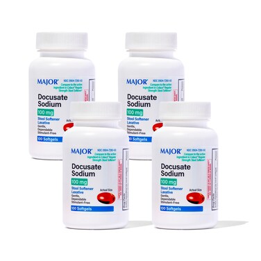 Docusate Sodium 100 mg Softgels for Gentle, Reliable Relief from Occasional Constipation Generic for Colace 100 Softgels per Bottle Pack of 4 Bottles Total 400 Softgels