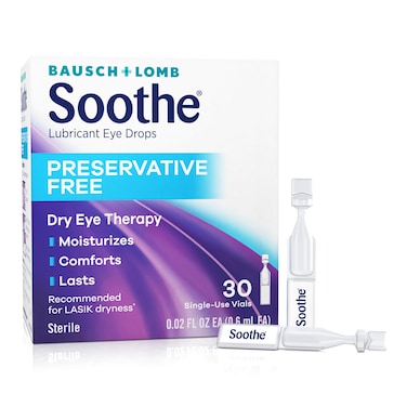 Soothe Preservative Free Lubricant Eye Drops, Long-Lasting Dry Eye Relief, Moisturizing &amp; Comforting, Suitable for Sensitive Eyes, Single Use Vials, 30 Count