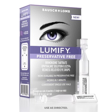 LUMIFY Preservative Free Redness Reliever Eye Drops, 20 Single Use Vials, Fast Acting, Only PF Drop for Whiter &amp; Brighter Looking Eyes, Relieves Red Eyes, Works in 1 Min, Lasts Up to 8 Hours