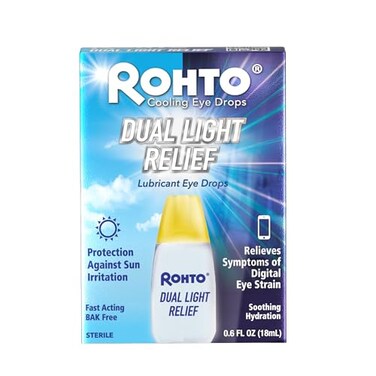 Rohto Dual Light Relief Cooling Lubricant Eye Drops, Protect Against Sun Irritation &amp; Digital Eye Strain, Fast-Acting Relief of Dry Eyes, Irritation, Grittiness, Burning &amp; Stinging, 0.6 fl oz