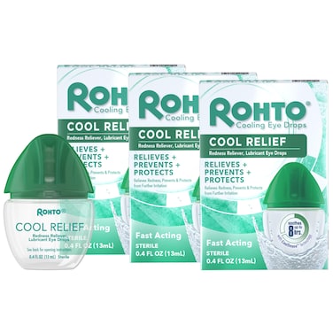 Rohto Cool Relief, Redness Reliever Lubricant Eye Drops, Relieves Redness, Prevents and Protects Further Irritation, Cools and Soothes Red, Dry, Itchy Eyes, Fast-Acting Formula, 0.4 fl oz (Pack of 3)