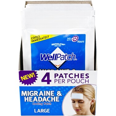 WellPatch Migraine &amp; Headache Cooling Patch - Drug Free, Lasts Up to 12 Hours, Safe to Use with Medication - Large Patches (4 Packs of 4 Patches), Each 4.3 x 2 in