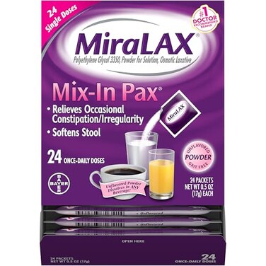 MiraLAX Gentle Constipation Relief Laxative Powder, Stool Softener with PEG 3350, No Harsh Side Effects, 1 Doctor &amp; OBGYN Recommended, Single Dose Mix-in Pax, Travel Pack, 24 Dose