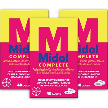 Midol Complete Menstrual Pain Relief Caplets with Acetaminophen for Period Cramps, and Menstrual Symptom Relief - 40 Count (Pack of 3) (Packaging May Vary)