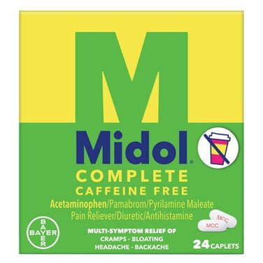 Midol Complete Caffeine Free Caplets 24ct: Midol Complete Caffeine Free Menstrual Pain Relief Caplets with Acetaminophen, Provides Headache Relief and Period Cramps Relief, 24 Count