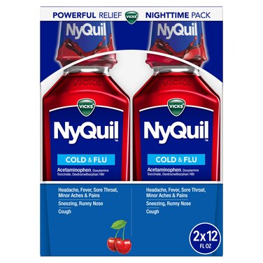 Vicks NyQuil, Nighttime Relief of Cough, Cold &amp; Flu Relief, Sore Throat, Fever, &amp; Congestion Relief, Cherry Flavor, Twin Pack, 12 FL OZ