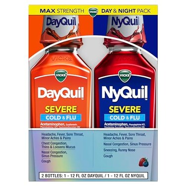 Vicks DayQuil &amp; NyQuil SEVERE Cold &amp; Flu Medicine, Relief for Headache, Fever, Sore Throat, Minor Aches &amp; Pains, Nasal Congestion, Sinus Pressure, Stuffy Nose, and Cough, Co-Pack, 2 x 12 OZ