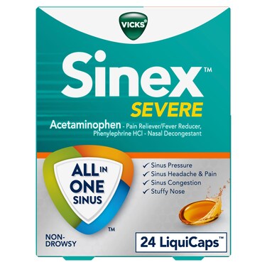 Vicks Sinex SEVERE LiquiCaps, All-In-One Sinus Relief, Non-Drowsy, Nasal Decongestant, Maximum Strength Relief of Sinus Headache, Pain, Pressure, &amp; Congestion, 24 LiquiCaps