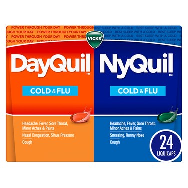 Vicks DayQuil and NyQuil Combo Pack, Cold &amp; Flu Medicine, Powerful Multi-Symptom Daytime And Nighttime Relief For Headache, Fever, Sore Throat, Cough, 24 Count, 16 DayQuil, 8 NyQuil Liquicaps