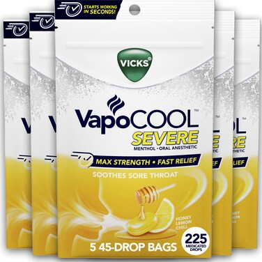 Vicks VapoCOOL SEVERE Medicated Sore Throat Drops, Fast-Acting Max Strength Relief, Soothes Sore Throat Caused by Cough, Powerful Vicks Vapors, Menthol, Honey Lemon Chill, 225 Total (5 Packs of 45)