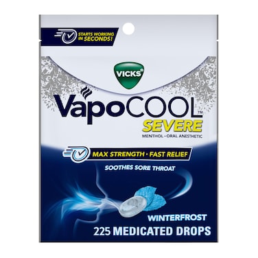 Vicks VapoCool Severe Sore Throat Drops, Max Strength Menthol, Soothes Sore Throat Pain, Winterfrost Flavor, 225ct (5-pack of 45ct)