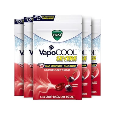 Vicks VapoCOOL SEVERE Medicated Sore Throat Drops, Fast-Acting Max Strength Relief, Soothes Sore Throat Pain Caused by Cough, Powerful Vicks Vapors, Menthol, Cherry Freeze, 225 Total (5 Packs of 45)
