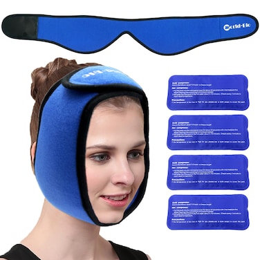 Face Ice Pack Wrap for TMJ, Wisdom Teeth, WORLD-BIO Jaw Wrap with 4 Reusable Hot Cold Therapy Gel Packs for Head, Chin, Oral and Facial Surgery, Pain Relief for Swelling, Injuries, Dental Implants