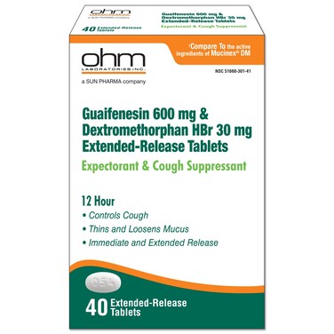 Ohm Guaifenesin Tablets, 600mg Guaifenesin, 30mg Dextromethorphan HBr, Thins and loosens Mucus, Controls Coughs, Immediate and Extended Release, 40 Tablets