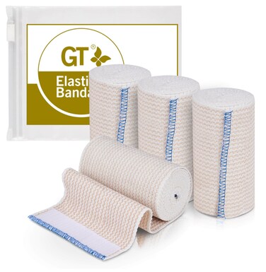 Premium Elastic Bandage Wrap (4" 4 Pack) - Hook &amp; Loop Fasteners at Both Ends - Latex Free Hypoallergenic Compression Roll - Reusable Bandages for Waist, Legs, Elbow &amp; Knee Wrap