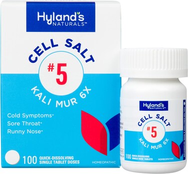 Hyland's No. 5 Cell Salt Kali Mur 6X Tablets, Cold Medicine and Sore Throat Relief, Natural Treatment of Colds, Sore Throats, Runny Nose, and Burns, Quick Dissolving Tablets, 100 Count